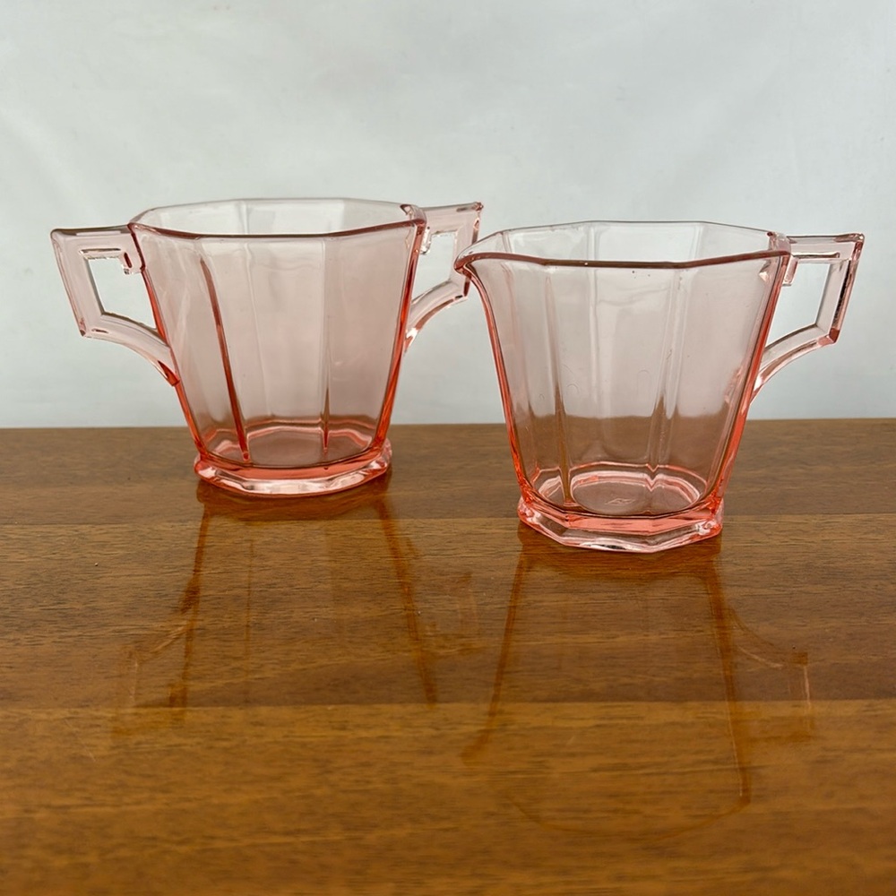 Vintage Heisey art deco pink ribbed octagon depression glass cream and sugar set